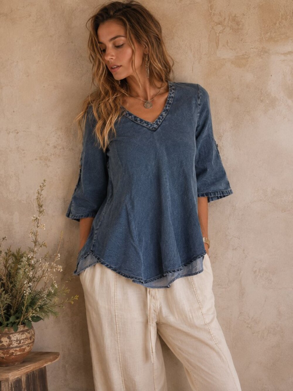 Soft Surroundings Blue Mineral Wash V-Neck Tunic Top XSP 3CZ89